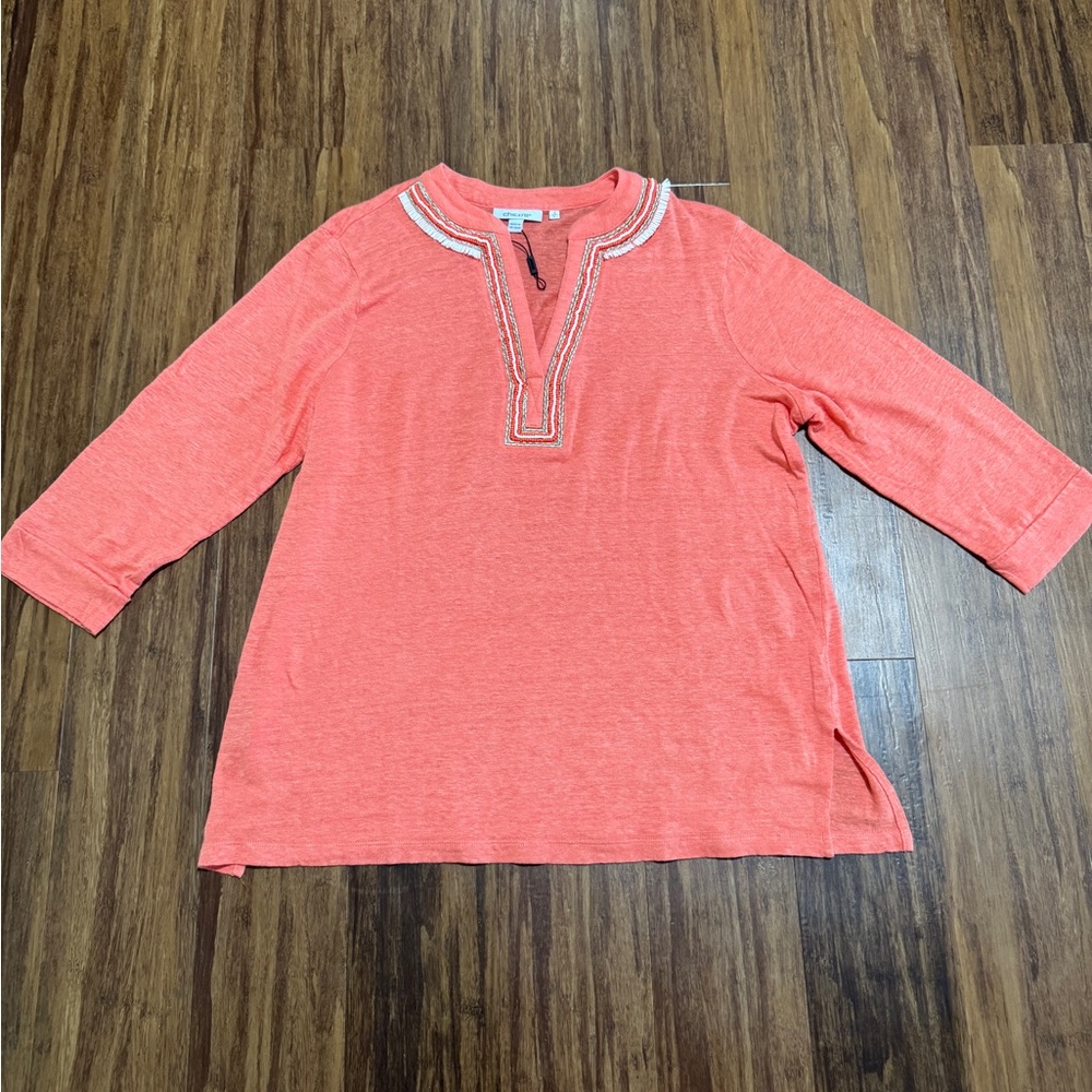 NWOT Chico's Coral Linen Beaded Split Neck Tunic Blouse 3/4 Sleeve Size L